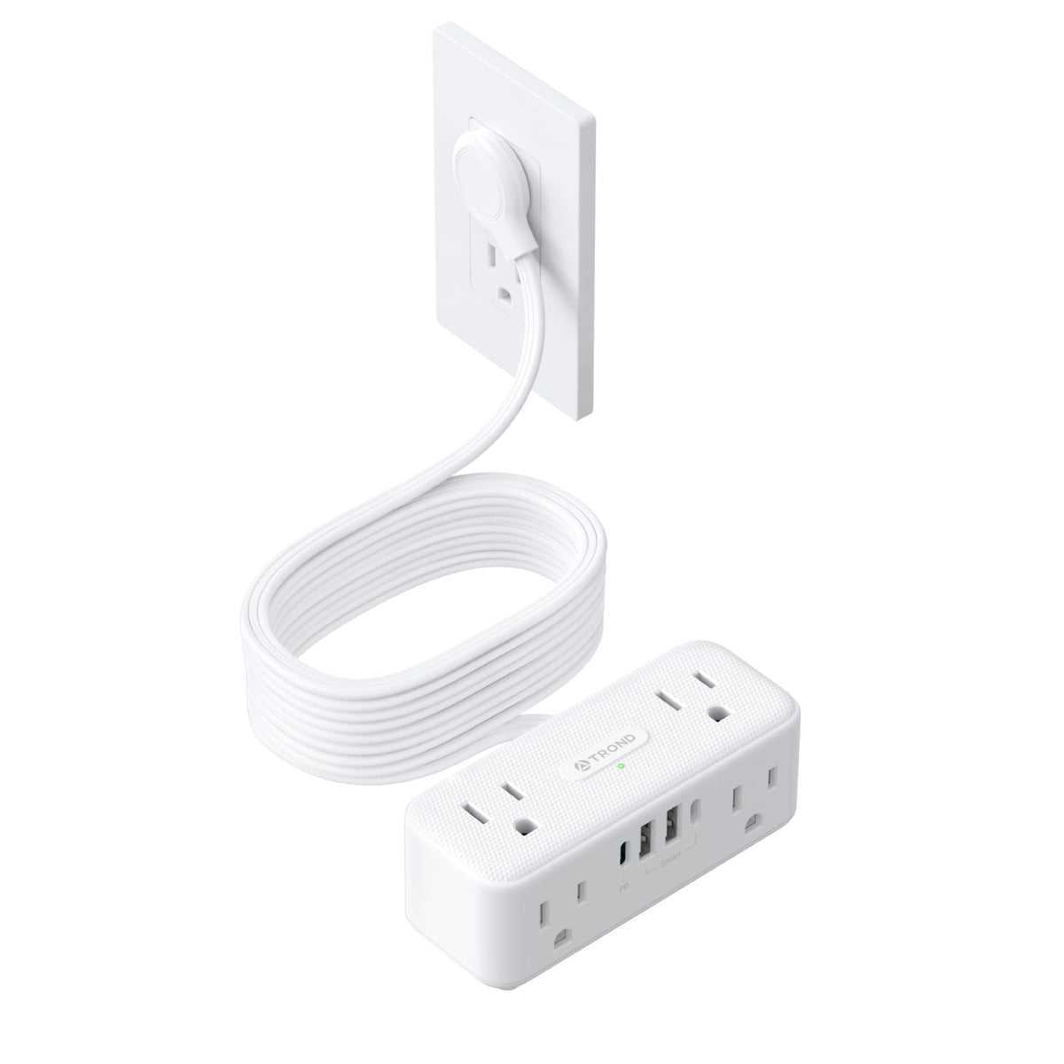 TROND flat-plug power strip showing slim profile for tight spaces at the wall