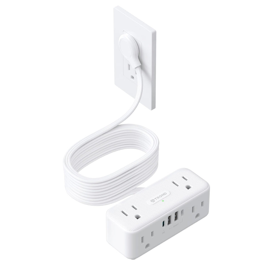 TROND flat-plug power strip showing slim profile for tight spaces at the wall