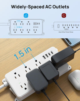 TROND flat right-angle plug inserted in wall, saves space and keeps lower outlet free