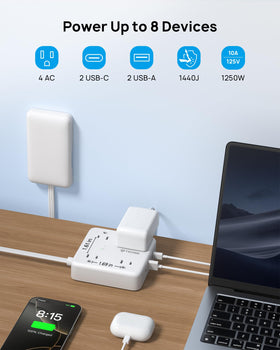 TROND compact slim-design power strip fits tight spaces and furniture backs.