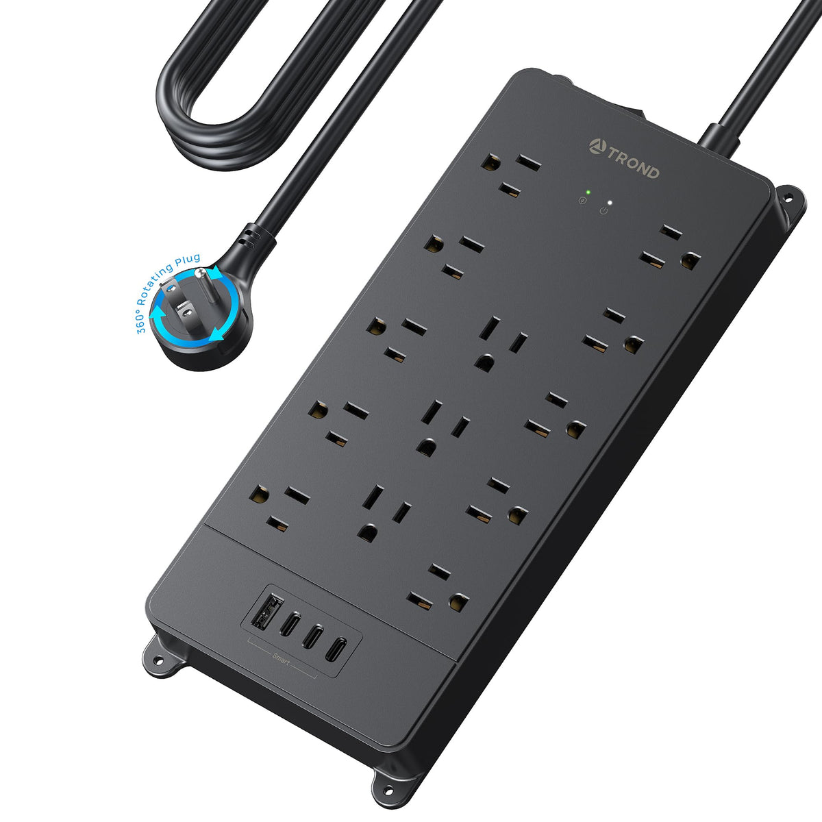 TROND front view showing 13 outlets and USB ports for organized power