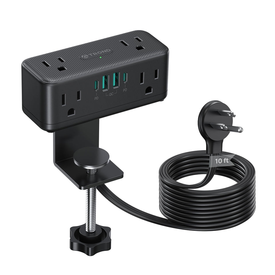 TROND front-mounted clamp power strip on desk for accessible charging