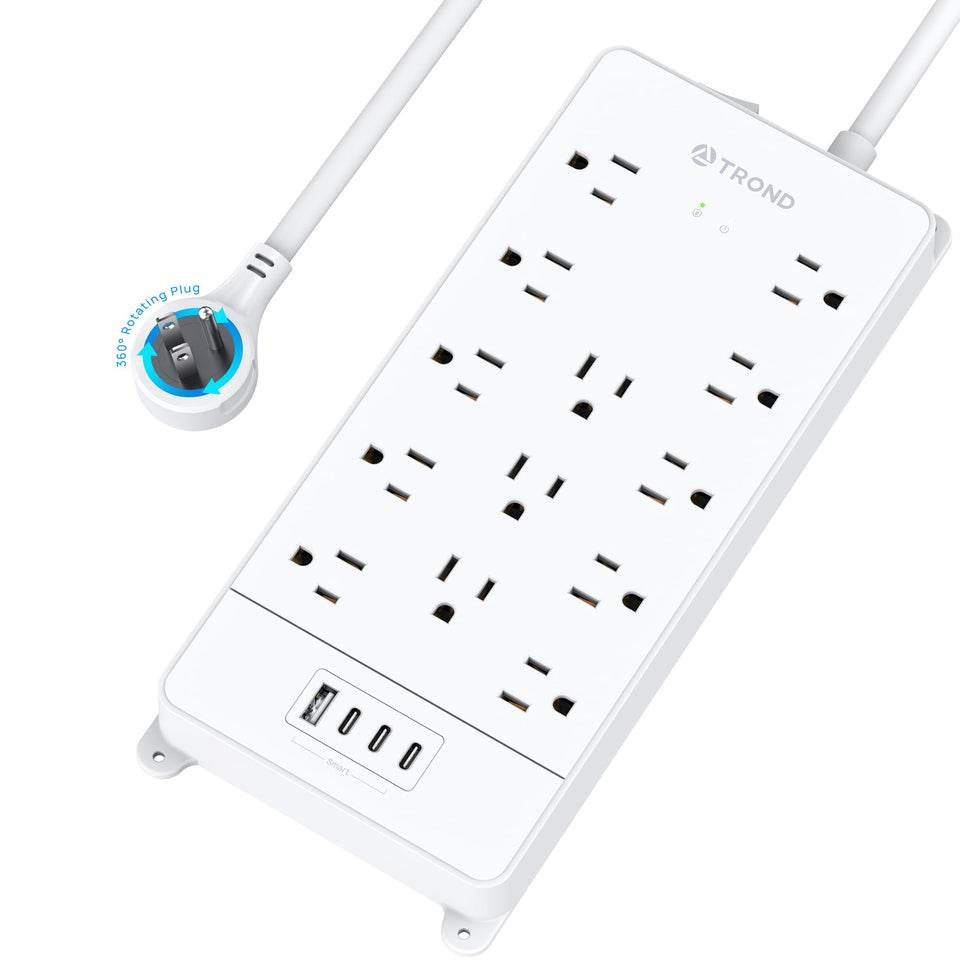 TROND front view showing 13 outlets and USB ports for tidy power
