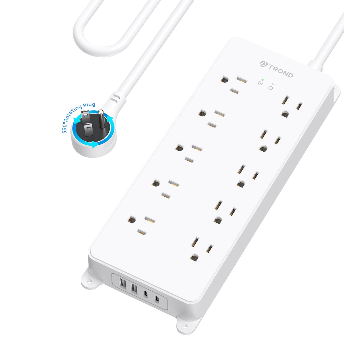 TROND front view of white power strip showing full layout and compact design benefit