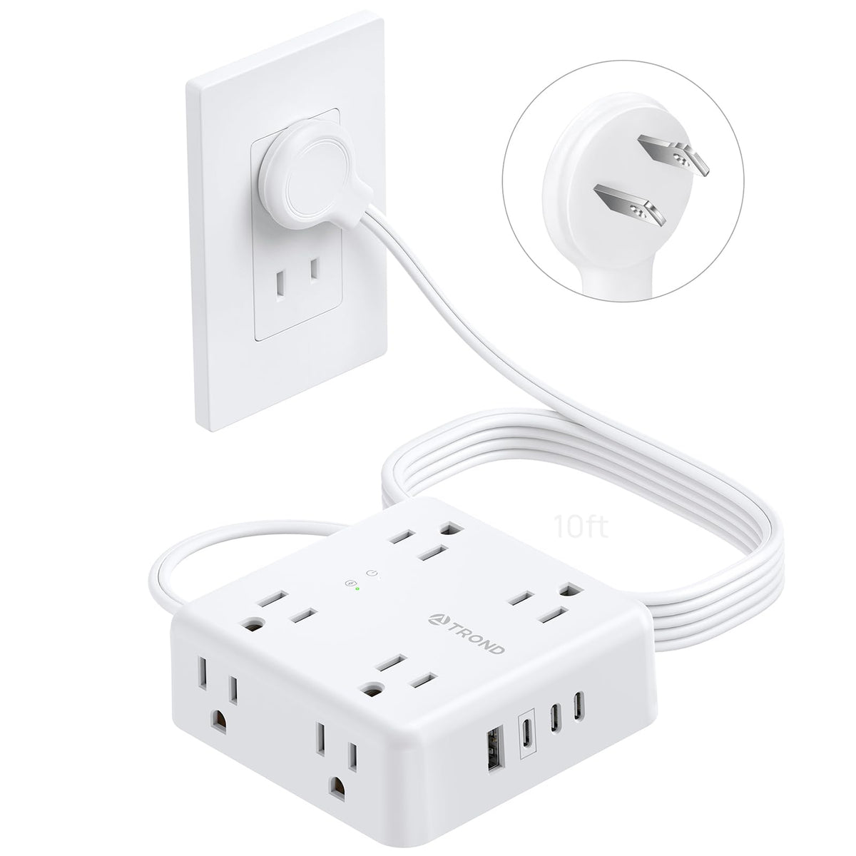 TROND front panel showing outlets and USB ports, organized charging benefit