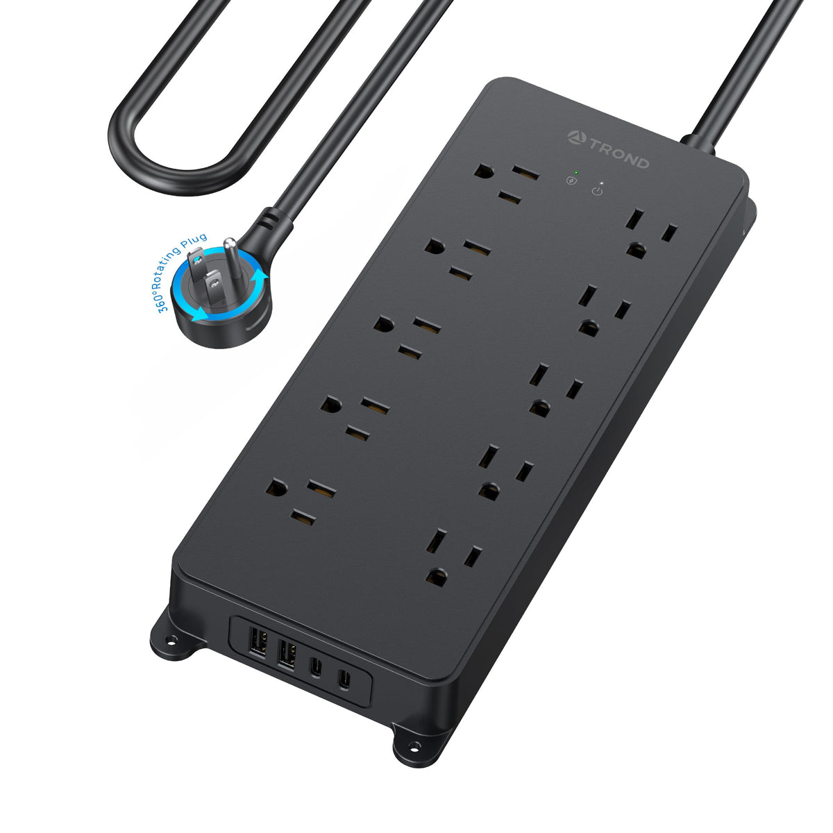 TROND front view of power strip showing 10 outlets and ports, organizes multiple devices