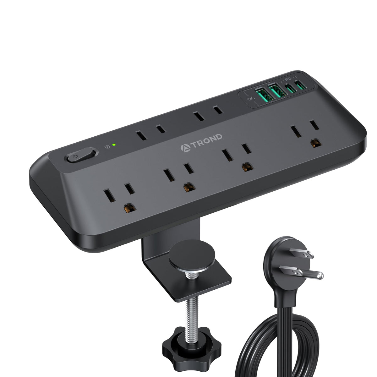 TROND front view clamped on desk showing organized outlets and USB convenience