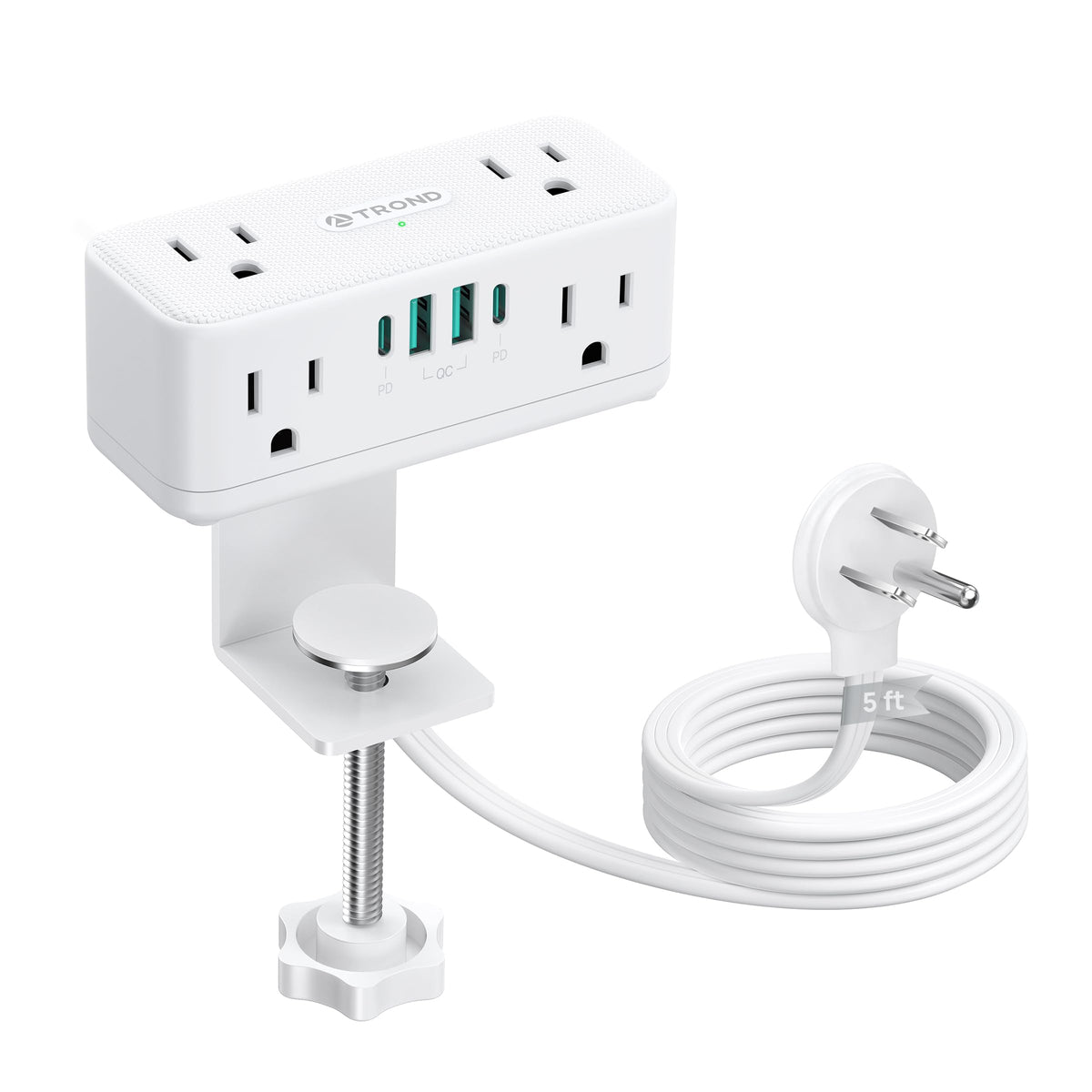 TROND front view clamped to desk showing outlets and USB ports — easy access