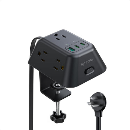 TROND front view clamped to desk showing neat power access and space saving