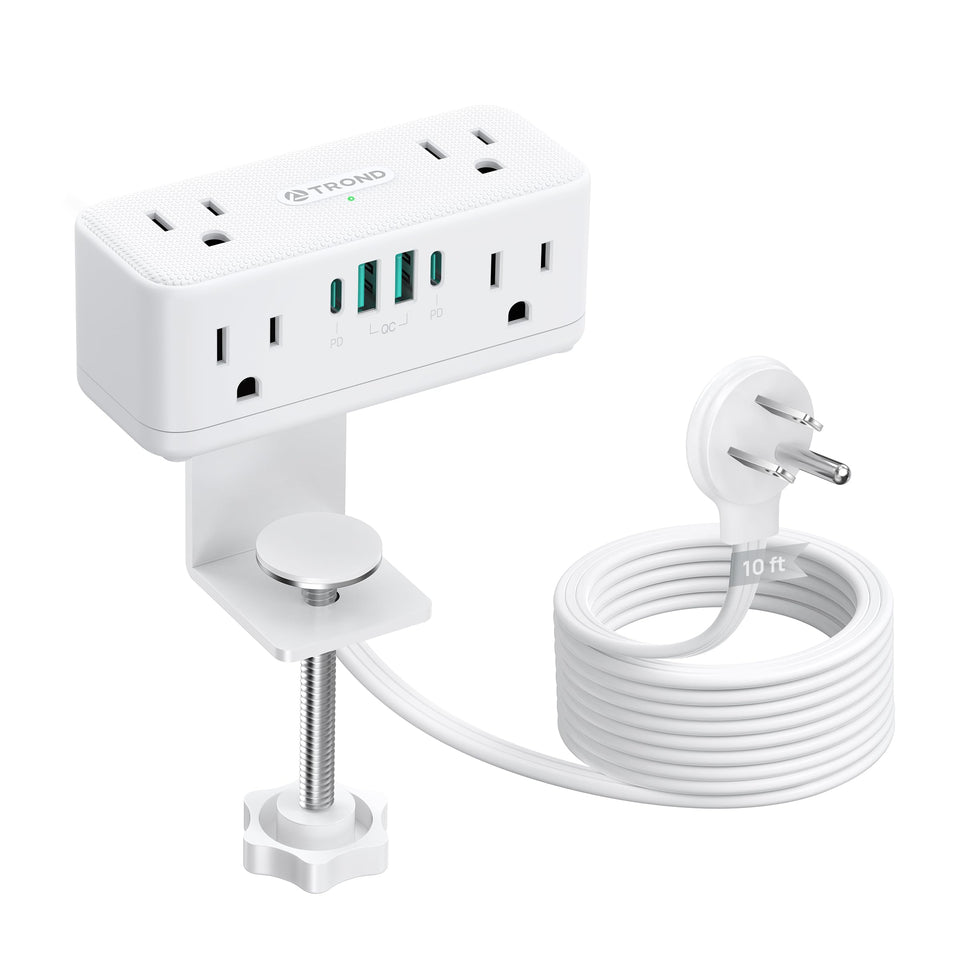 TROND front view showing outlets and USB ports for easy desktop access