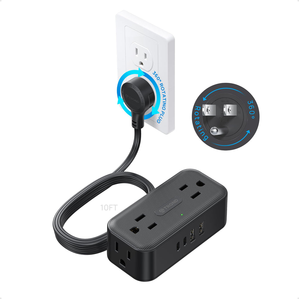 TROND front view showing flat plug and four AC outlets for space saving
