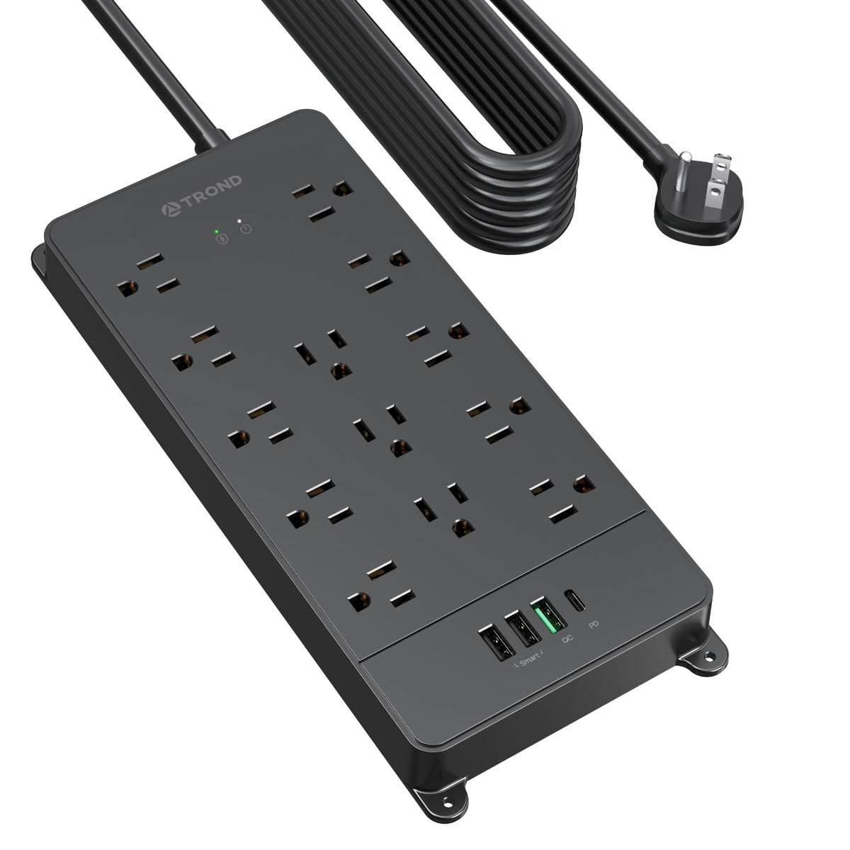 TROND front view of the black power strip showing outlets and USB ports, organized charging
