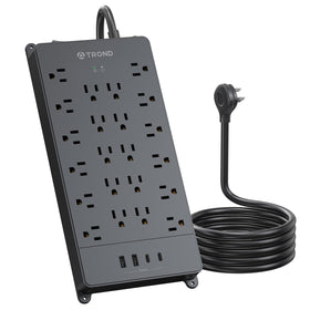 TROND front view of power strip showing all 22 outlets and USB ports, clear organization benefit