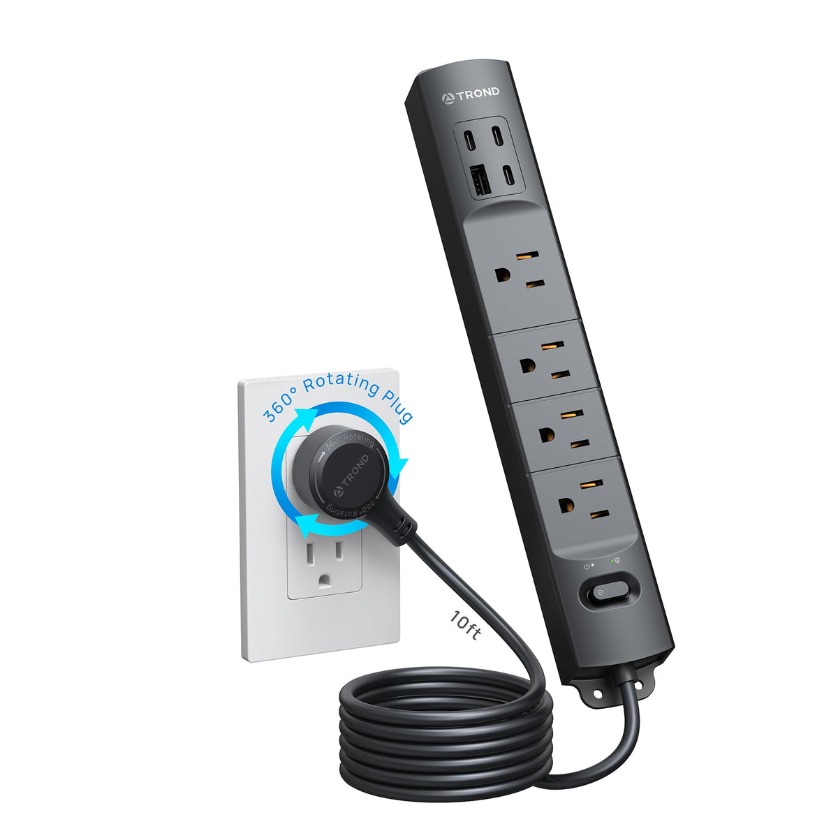 TROND front view showing outlets and USB ports for organized power