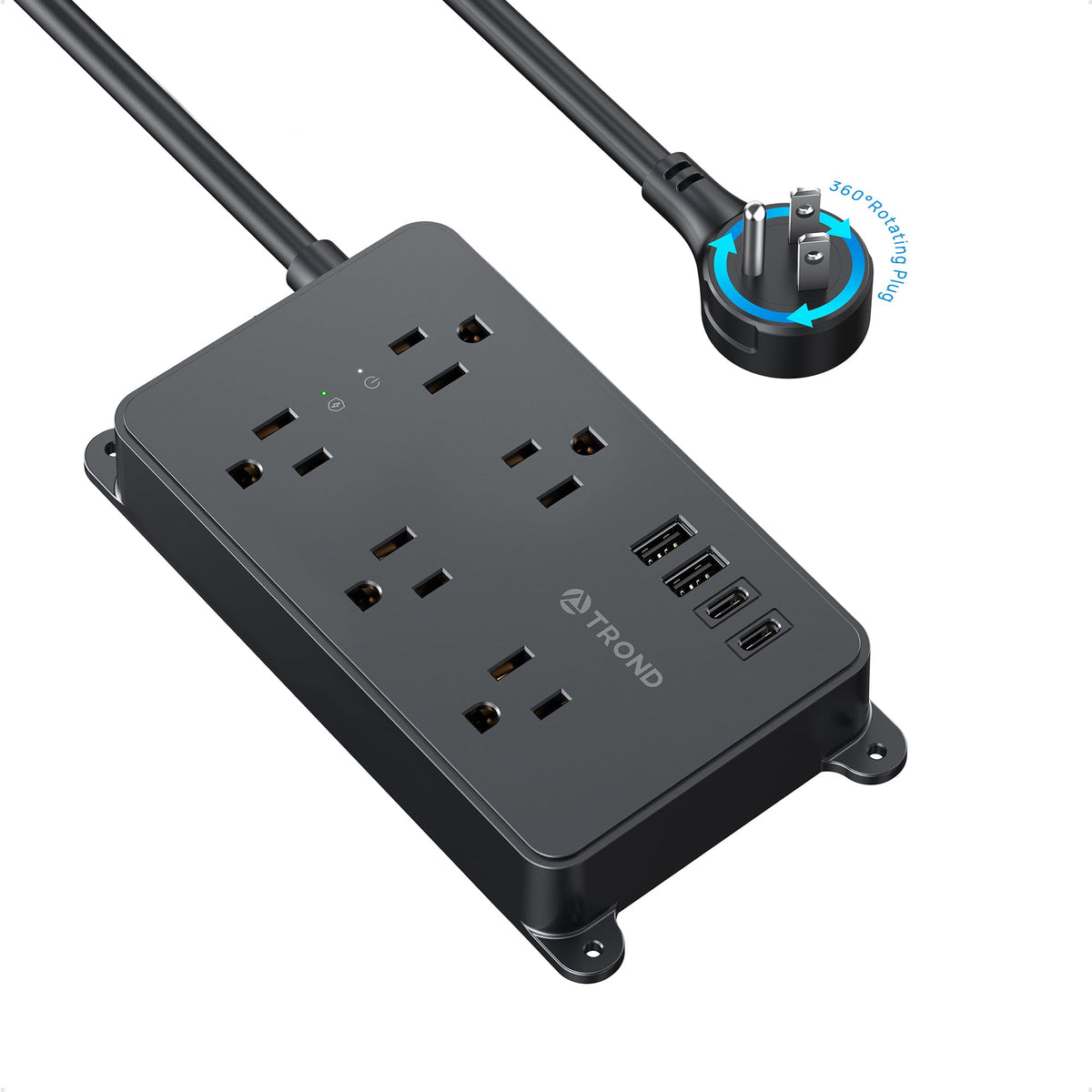TROND front view of power strip showing outlets and ports, saves space