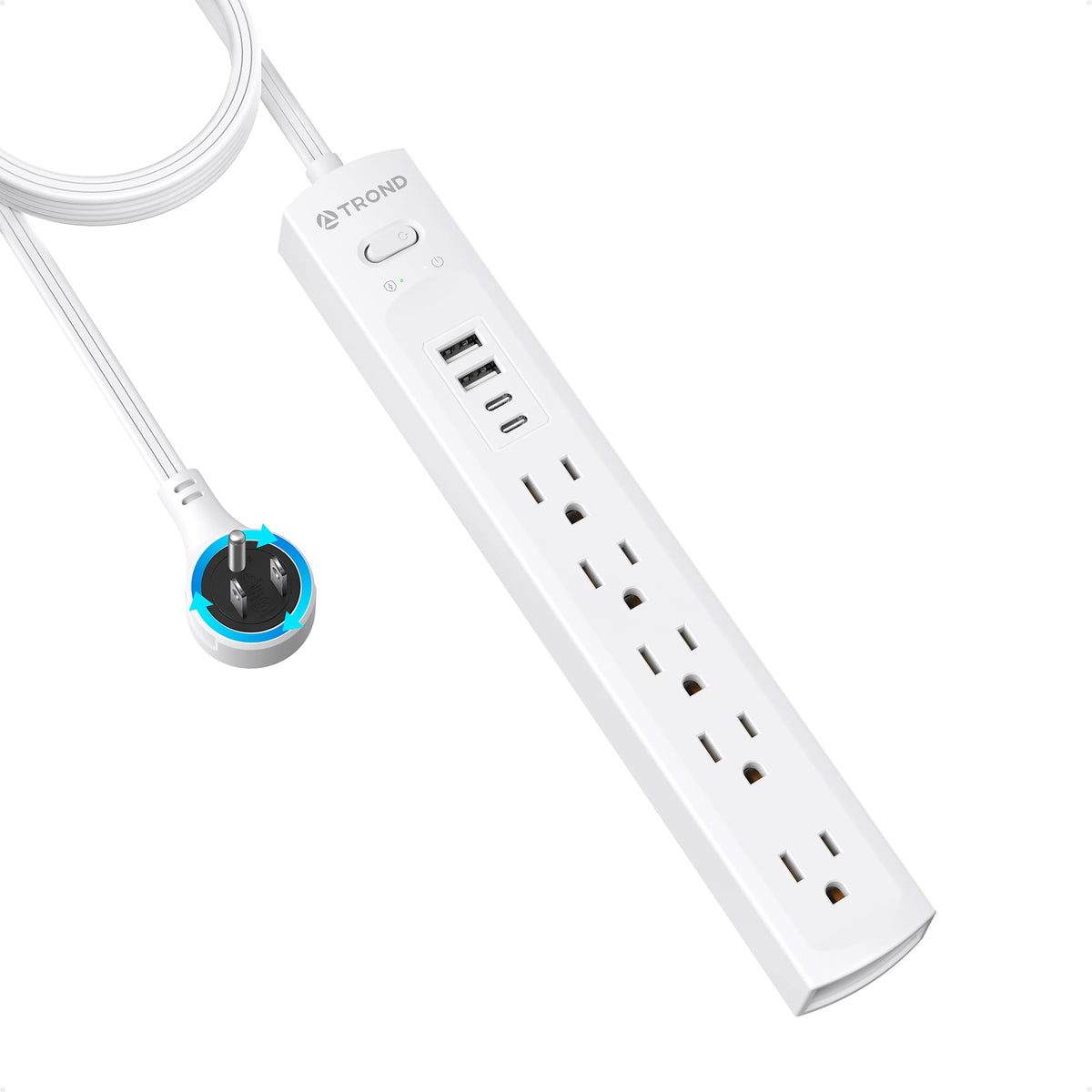 TROND front view power strip showing outlets and USB for organized charging