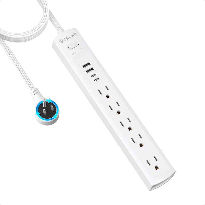 TROND front view power strip showing outlets and USB for organized charging