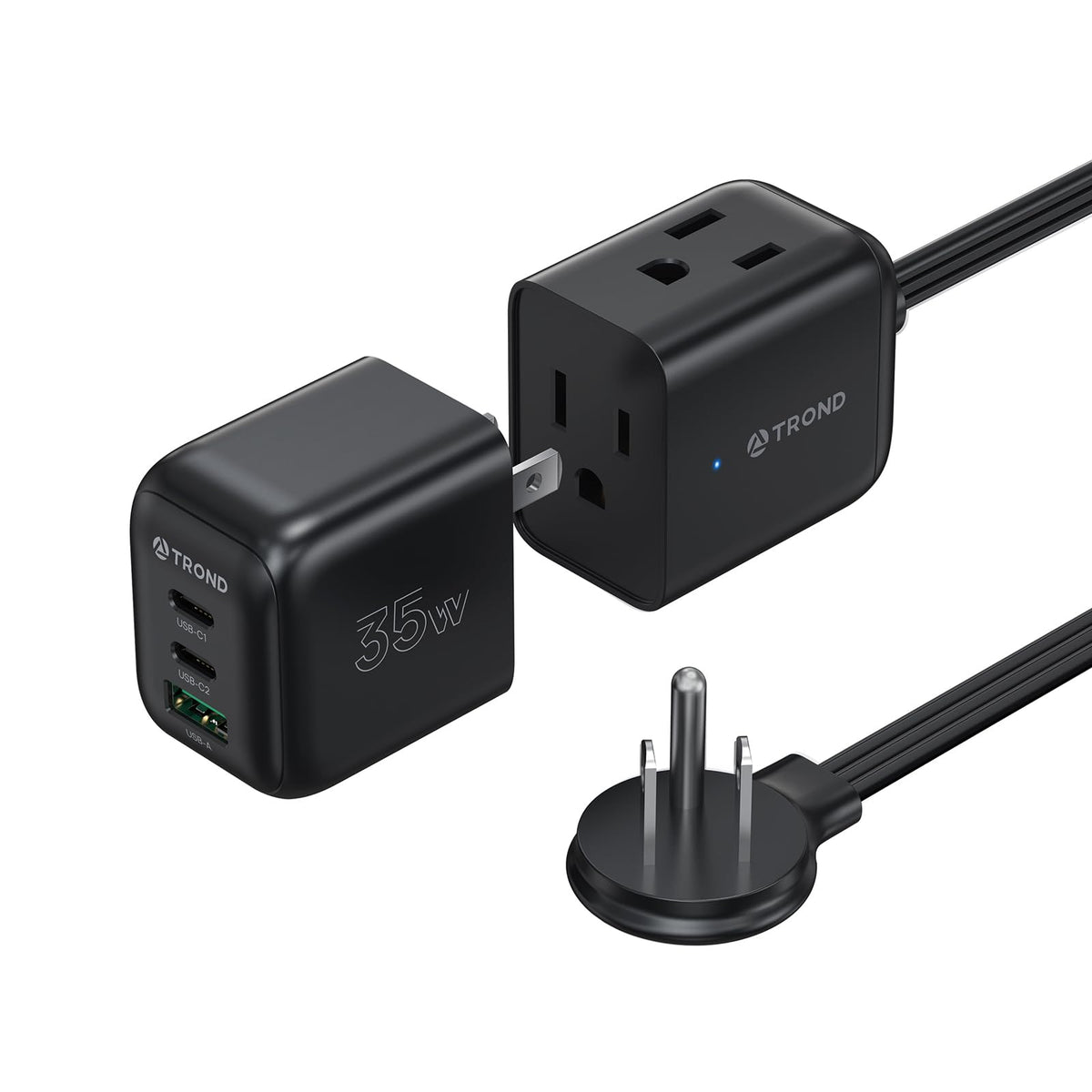 TROND front view of power strip showing outlets and detachable charger for versatile charging