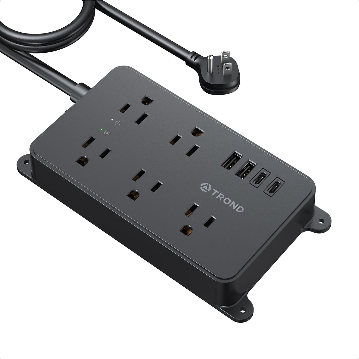 TROND front view showing all outlets and USB ports, organized charging benefit