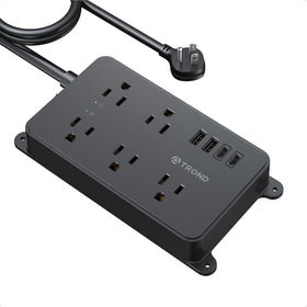 TROND front view showing all outlets and USB ports, organized charging benefit