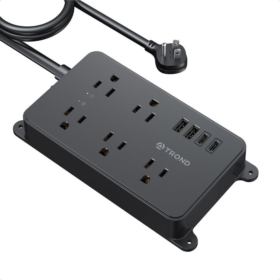 TROND front view showing all outlets and USB ports, organized charging benefit