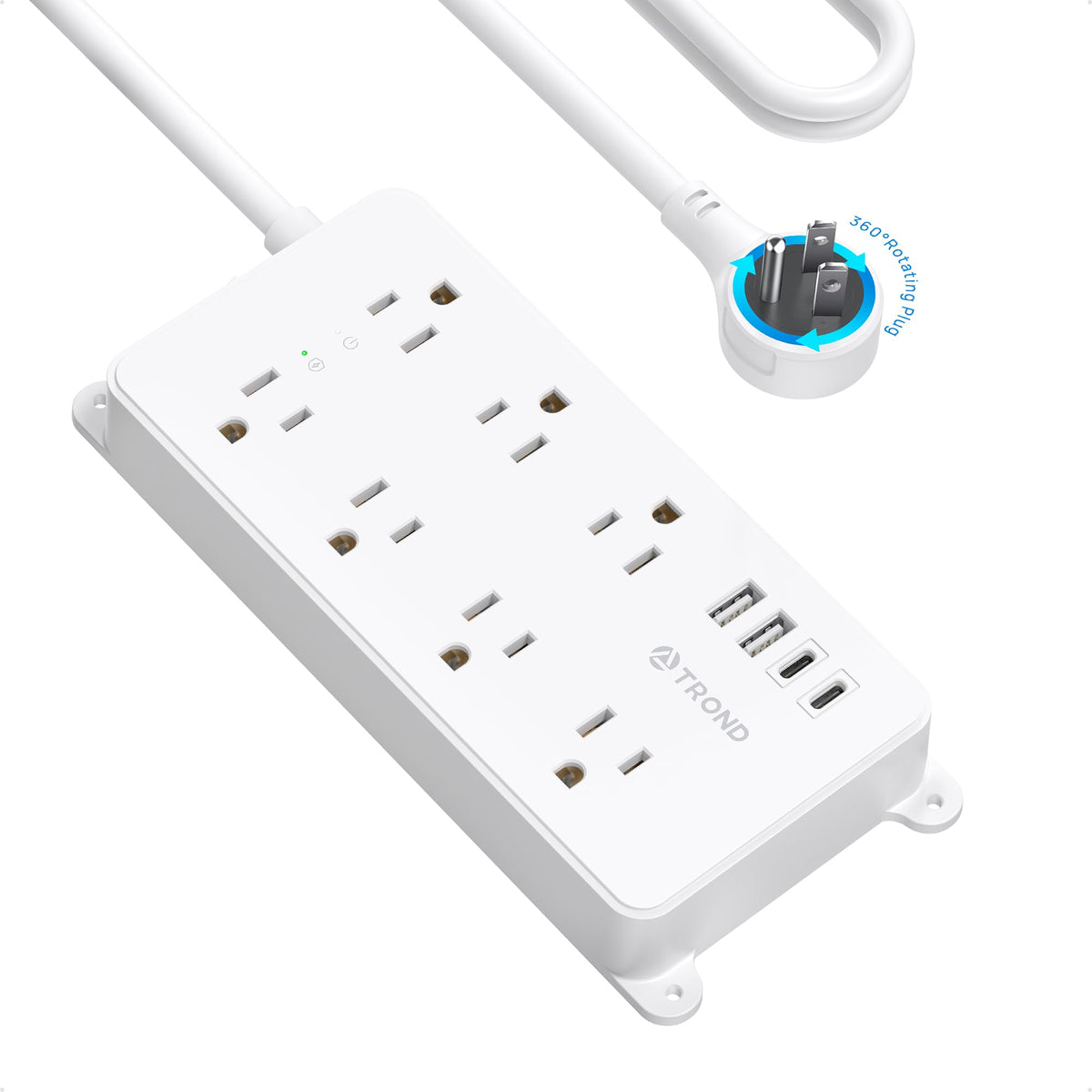 TROND front view of power strip showing outlets and USB ports for organized charging