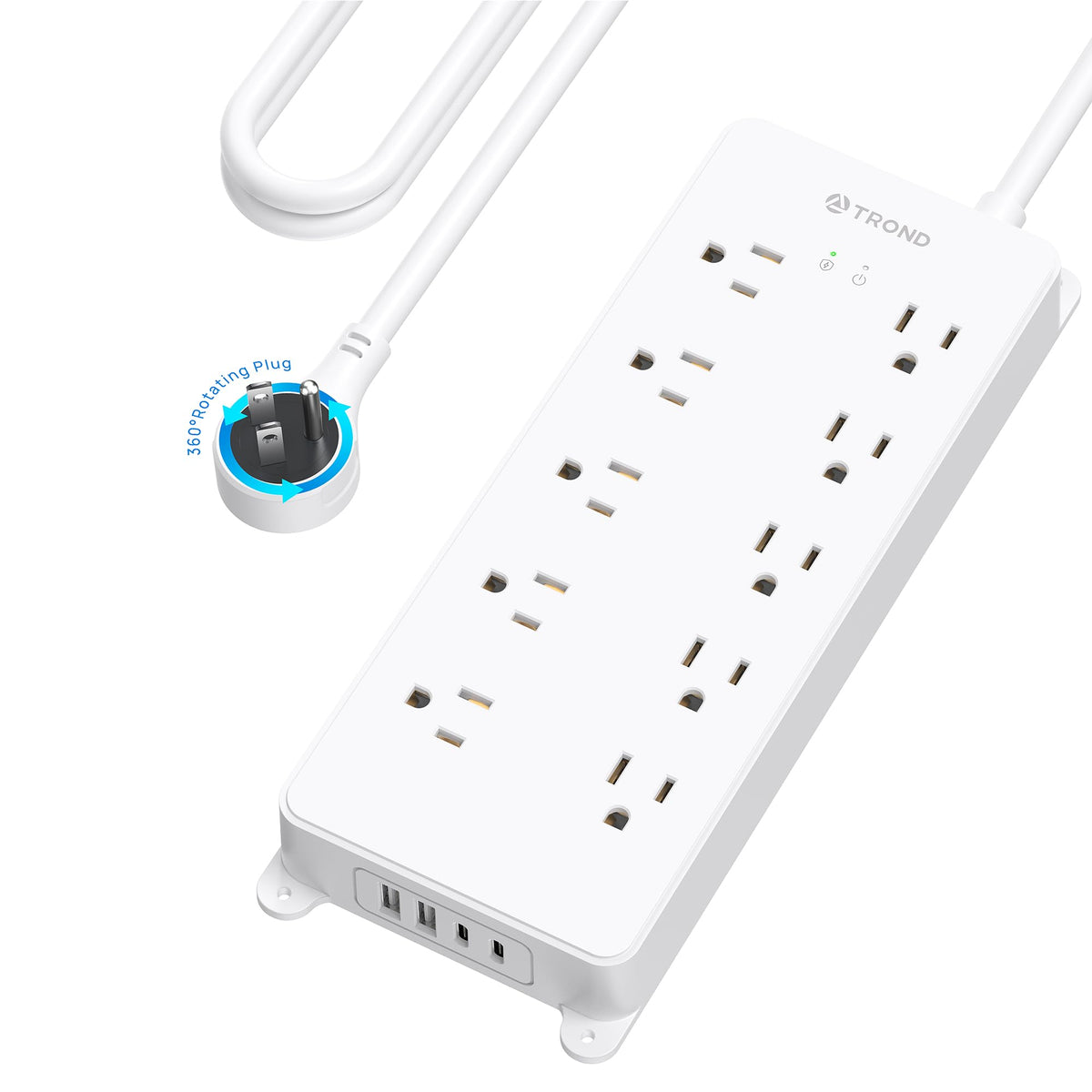 TROND front view of power strip showing 10 outlets and USB ports for flexible charging