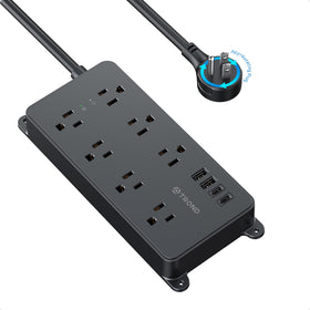 TROND front view of power strip showing seven outlets and four USB ports for organized charging