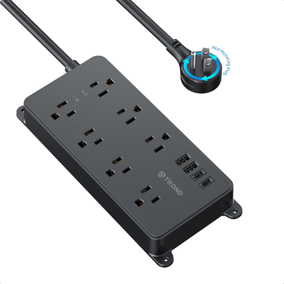 TROND front view of power strip showing seven outlets and four USB ports for organized charging