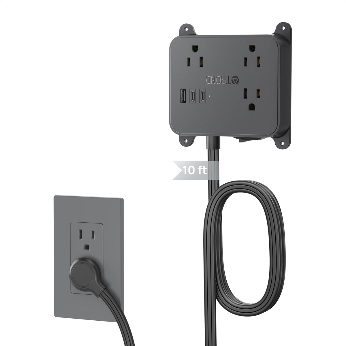 TROND front view showing outlets and USB ports for organized charging