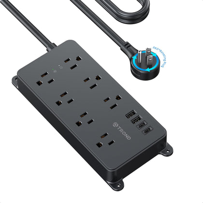 TROND front view power strip showing seven outlets and four USB ports for convenient charging