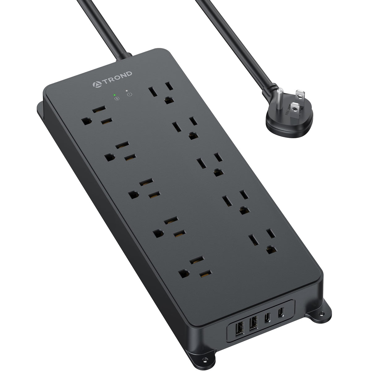 TROND front view of power strip showing all outlets and ports for organized charging