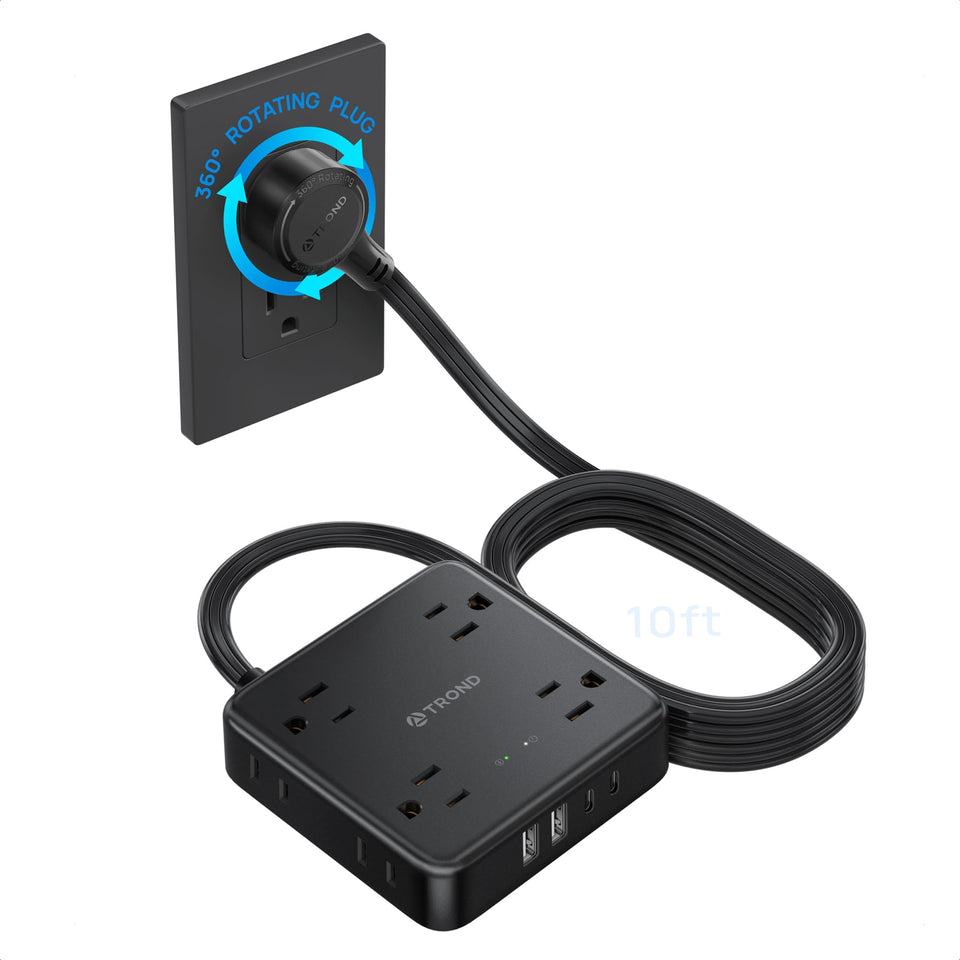 TROND front view showing full power strip and outlets, keeps devices organized