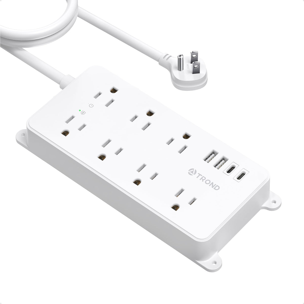 TROND front view power strip showing seven outlets and four USB ports for versatile charging