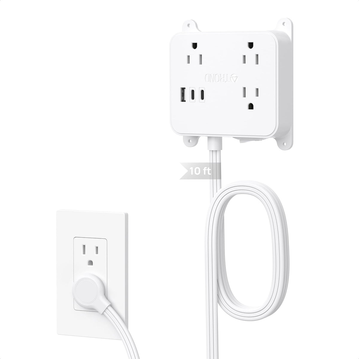 TROND front view of power strip showing outlets and USB ports for organized charging