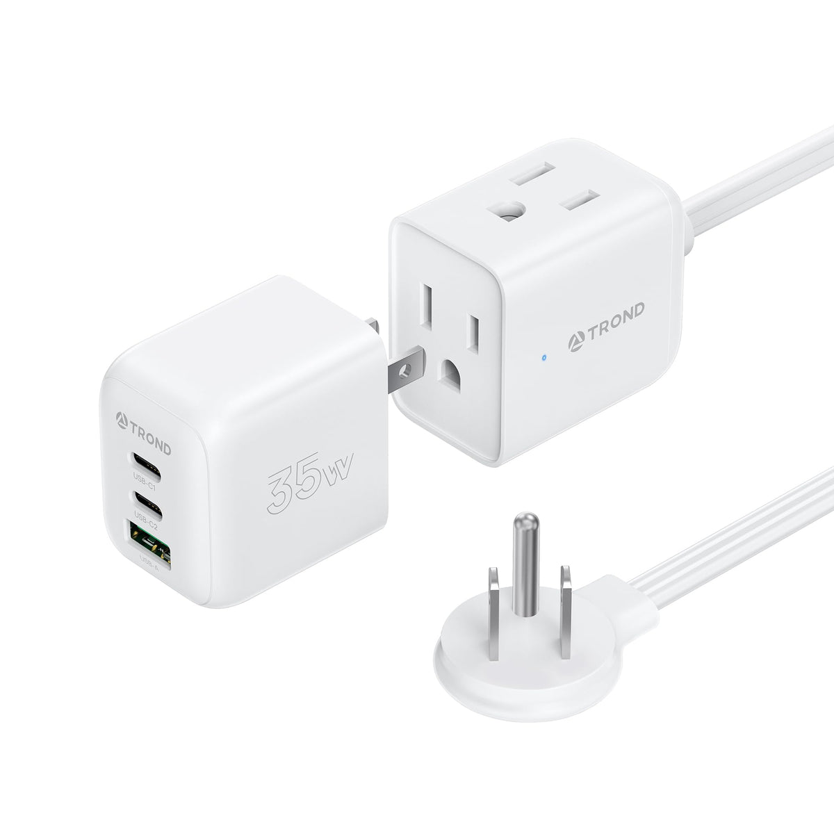 TROND front view power strip showing outlets and compact profile for travel convenience