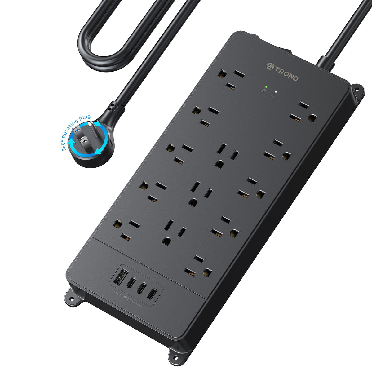 TROND front view power strip showing outlets and USB ports for organized charging