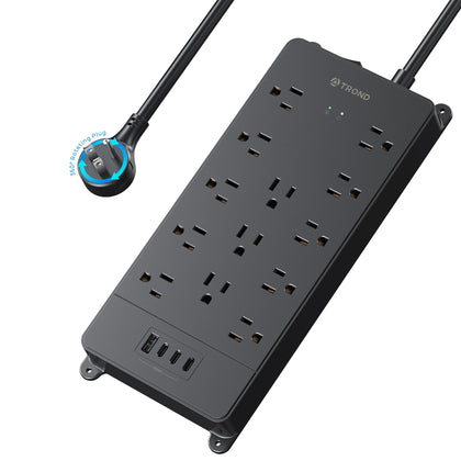TROND front view of power strip showing outlets and USB ports for organized power