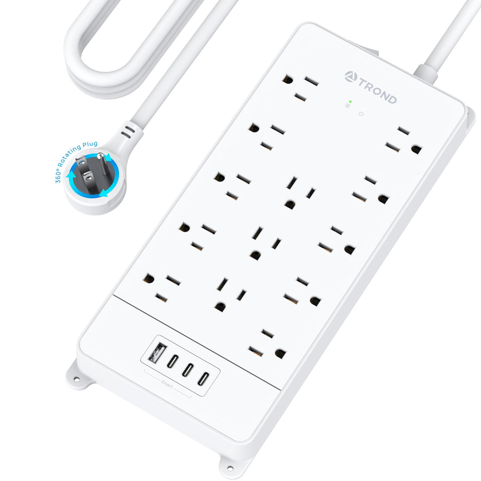 TROND front view of power strip showing 13 outlets and three USB-C ports for versatile charging
