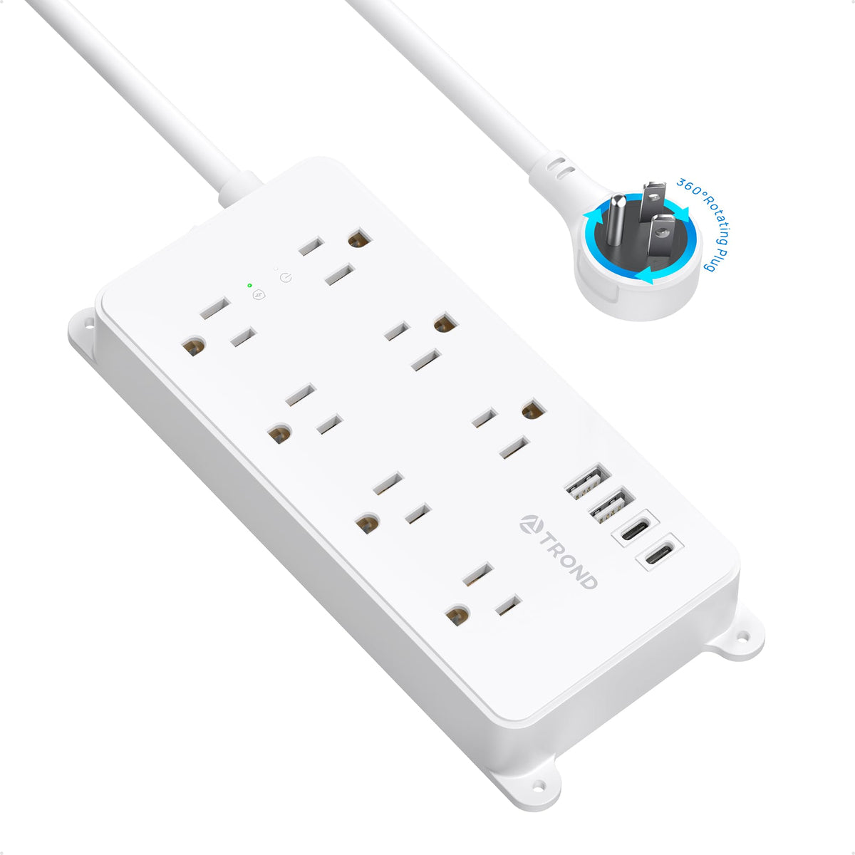TROND front view showing all seven AC outlets and four USB ports for organized power