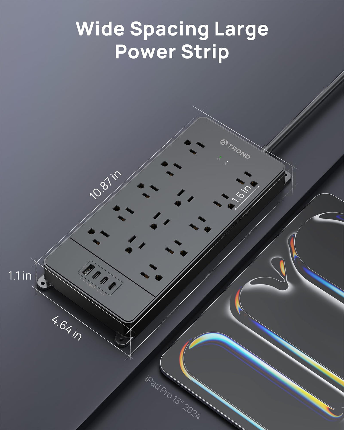 TROND power strip in a gaming station proving clean cable setup and power access