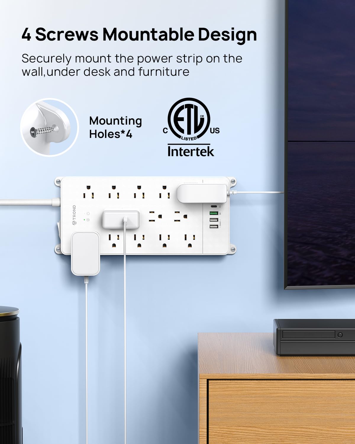 TROND in an entertainment center powering TV, console, and speakers with surge safety
