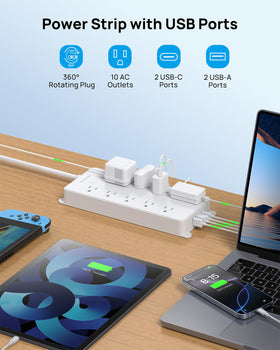 TROND power strip in entertainment center organizing devices and protecting electronics
