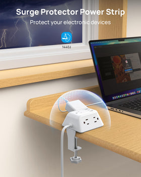 TROND lifestyle desk setup with strip powering monitor and accessories for clutter-free workspace