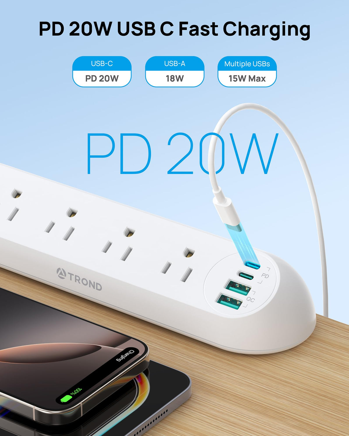 TROND mounted on a home office desk illustrating tidy workspace and quick access to power