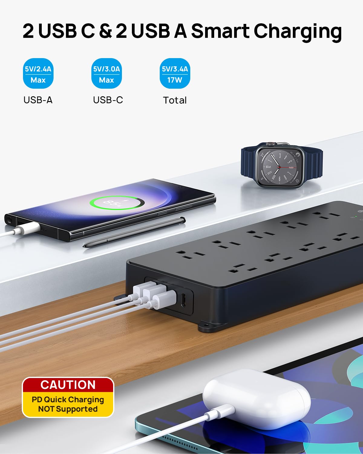 TROND mounted under desk, keeps cords off floor and saves workspace