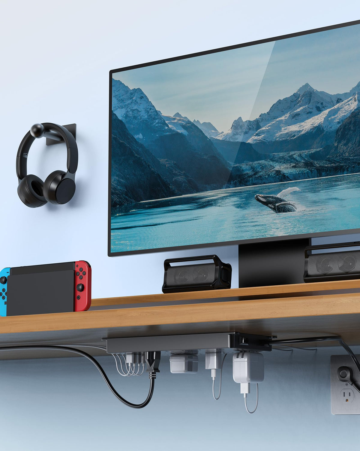 TROND mounted under desk with screws, illustrates secure mounting and tidy cable management