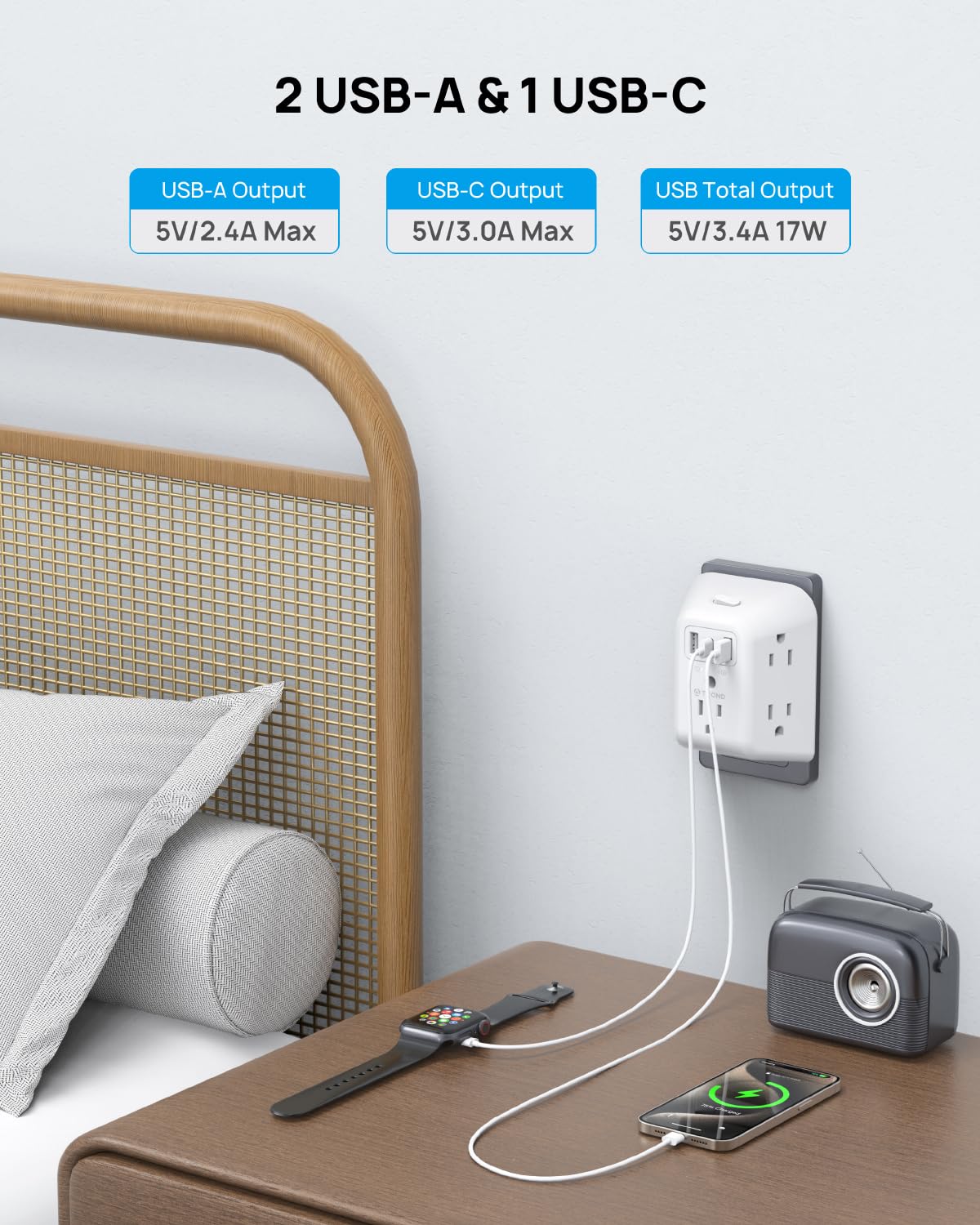 TROND multi plug outlet-usb-ports enables simultaneous USB charging at home.