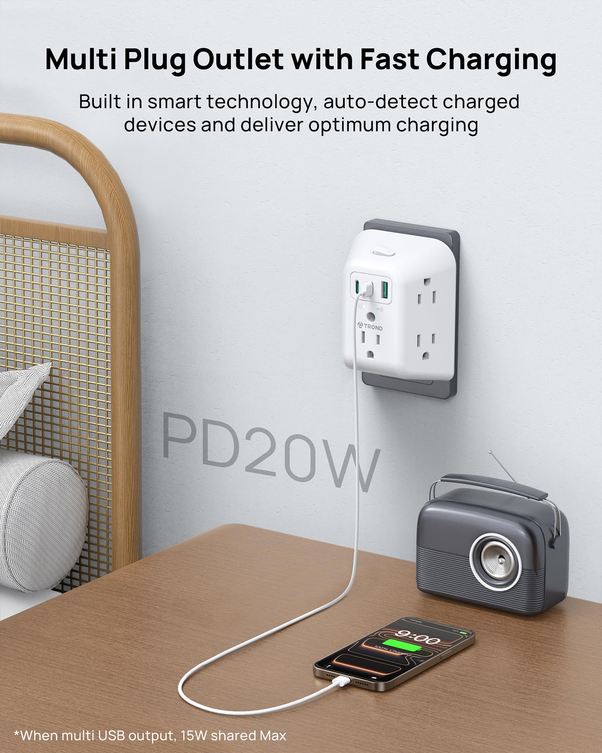 TROND 5-ac outlets layout helps minimise crowding and fit large adapters.