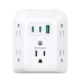 TROND Multi Plug Outlet Extender front view with 5 outlets and USB ports for versatile charging.